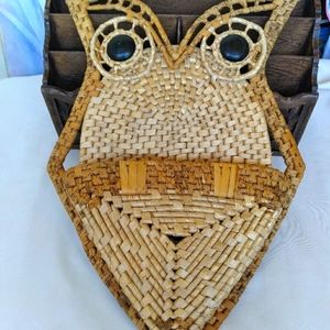 VTG MCM Raffia Wicker Weaved Owl Wall Art